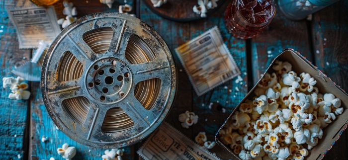 Ein klassischer Kinoabend mit Popcorn, Filmrollen, Getränken und auf einem rustikalen Tisch verstreuten Kinokarten