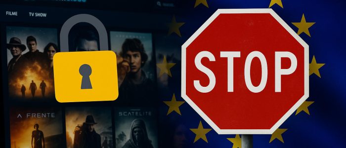 Ein rotes STOP-Schild vor einer EU-Flagge, im Hintergrund ist ein Computerbildschirm zu sehen, auf dem eine Streamingseite mit Filmvorschauen sowie ein gelbes Vorhängeschloss zu sehen sind.