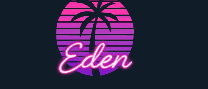 Das neonfarbene Eden-Logo mit Palme und violettem Sonnenuntergang auf dunklem Hintergrund symbolisiert den Stil des plattformübergreifenden Nintendo-Switch-Emulators.