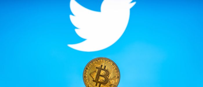 Ein Stapel Bitcoin-Münzen mit Twitter-Logo im Hintergrund