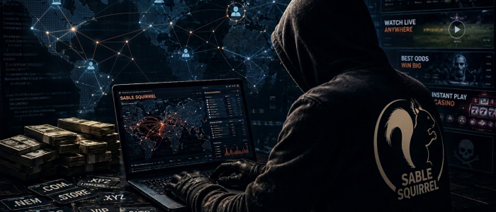 Sable Squirrel und das Streaming-Imperium mit Cyberkriminellem am Laptop, alten Domains und Malware