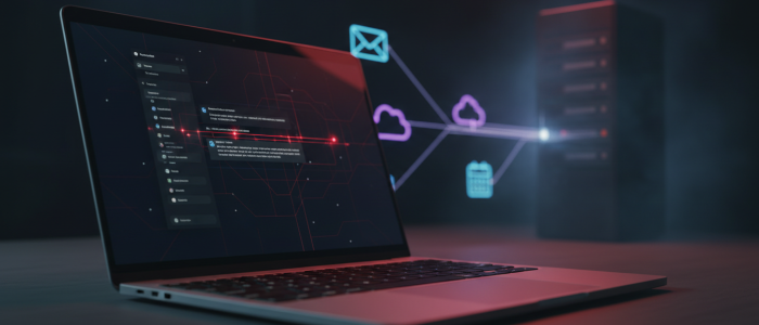 Microsoft Copilot gehackt: Auf einem Laptop mit KI-Chatoberfläche fließen symbolisch Daten aus E-Mail, Cloud und Kalender über digitale Verbindungen nach außen, während rote Warnlichter eine Cyberangriff-Stimmung erzeugen.