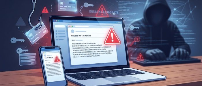 Cartoonhaftes Titelbild zu einer Phishing-Warnung: Auf einem Laptop oder Smartphone erscheint eine verdächtige E-Mail mit angeblicher Rückerstattung, begleitet von Warnsymbolen und einer bedrohlichen, anonymen Figur im Hintergrund. Das Bild vermittelt die Gefahr eines Datenbetrugs im Zusammenhang mit Amazon- und Klarna-Kunden.