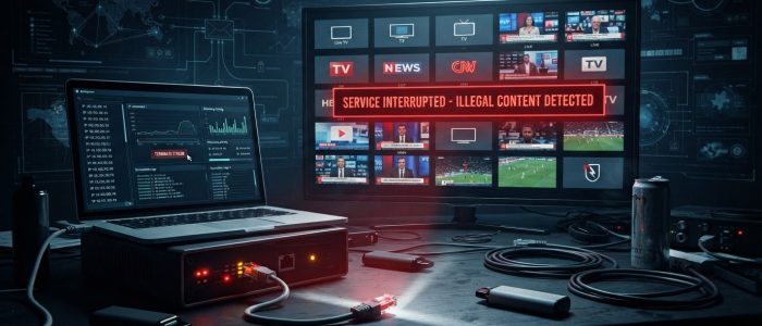Illegale IPTV-Dienste: Dunkles, cineastisches Editorial-Bild eines versteckten Streaming-Setups mit großem Fernseher, Laptop, kleinem Medienserver, Vapes auf dem Tisch und abgezogenem Netzwerkkabel als Symbol für die Abschaltung eines illegalen Angebots.