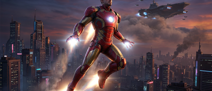 „Iron Man geleakt: Eine hochmoderne rot-goldene Rüstung fliegt mit leuchtendem Repulsor-Feuer über eine nächtliche Großstadt, während im Hintergrund ein riesiger S.H.I.E.L.D.-Helicarrier aus den Wolken auftaucht.“