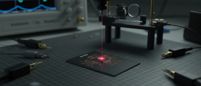 Tangem Sicherheitslücke – Laser trifft Sicherheitschip (Laboraufnahme)