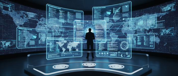 Visualisierung einer künstlichen Intelligenz, die weltweit Server und eine digitale Infrastruktur automatisiert verwaltet.