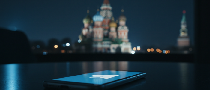 Ein Smartphone liegt auf einer dunklen, spiegelnden Oberfläche. Auf dem Display leuchtet das blaue Telegram-Logo vor einem verschwommenen, nächtlich beleuchteten Hintergrund, der die Silhouette des Moskauer Kremls andeutet. Die Szene ist in kühlen Blau- und dramatischen Rottönen gehalten und vermittelt eine Atmosphäre von Überwachung und politischer Spannung.