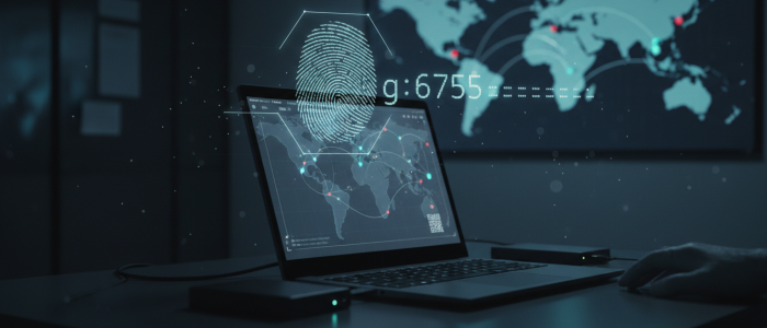 Dunkles Forensik-Labor mit Laptop und Wandkarte; abstrahierte Netzwerk- und Standortpunkte (u. a. Tallinn, New York, Thailand) sowie eine angedeutete Gerätekennung schweben halbtransparent im Bild. Kühles Licht, keine Logos oder lesbaren Daten.