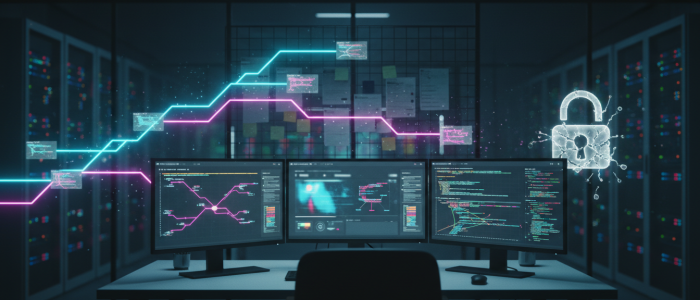 Dunkles, hochmodernes Labor mit Monitoren, die abstrakte Heatmaps, Codezeilen und einen leuchtenden, verzweigten Entscheidungsbaum zeigen; Symbolik für GPTFuzz und automatisierte KI-Jailbreak-Tests