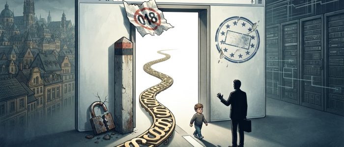 Editorial-Illustration zu Pornhub und YouPorn: ein offener Browserrahmen als Hauseingang ohne Tür, nur ein flatternder Zettel als Altersfreigabe, eine Grenzlinie mit zerbrochenem Schloss und EU-Sternenstempel quer durch den Eingang, ein Kind geht hindurch, die Aufsicht kommt zu spät — Symbol für fehlende Altersverifikation und die Zuständigkeitslücke zwischen deutschem Jugendschutz und EU-Recht.