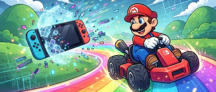 Nintendo Switch 2 Jailbreak: Symbolische Darstellung einer Spielekonsole mit KI-Unterstützung beim Hacken des Systems.