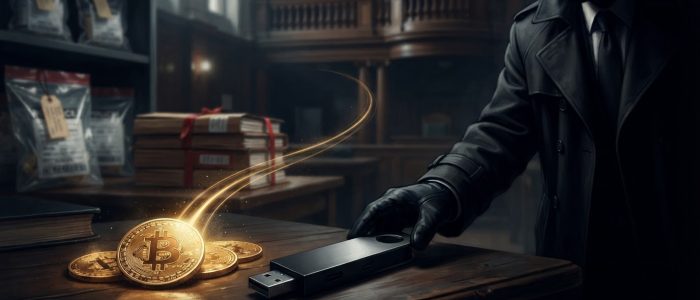NCA-Ermittler stiehlt Bitcoin: Beschlagnahmte Wallet mit 50 Bitcoin auf einem Beweismitteltisch