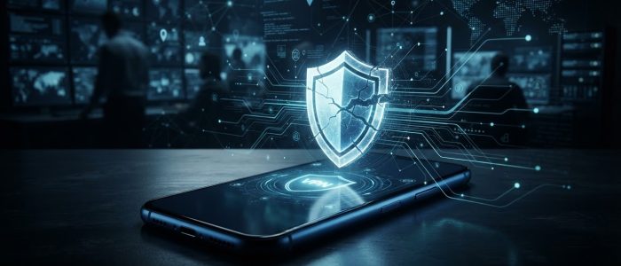 VPN-Apps mit Trackern: Ein Smartphone mit leuchtendem VPN-Schutzschild liegt im Vordergrund, während im Hintergrund verdeckte Datenströme, Ortungsmarker und digitale Überwachungsnetzwerke durch den Schutz hindurch sichtbar werden.
