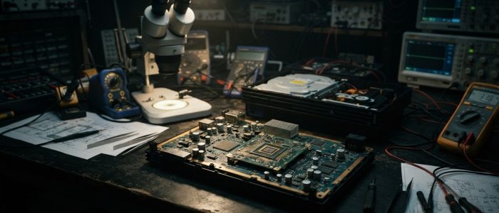PS2-Sicherheitschip: Geöffnete schwarze PlayStation 2 Fat auf einer dunklen Werkbank, im Vordergrund der freigelegte CXP102064 MechaCon mit sichtbaren Silizium-Strukturen, umgeben von Präzisionswerkzeug und Labor-Mikroskop in einem düster beleuchteten Hardware-Labor.