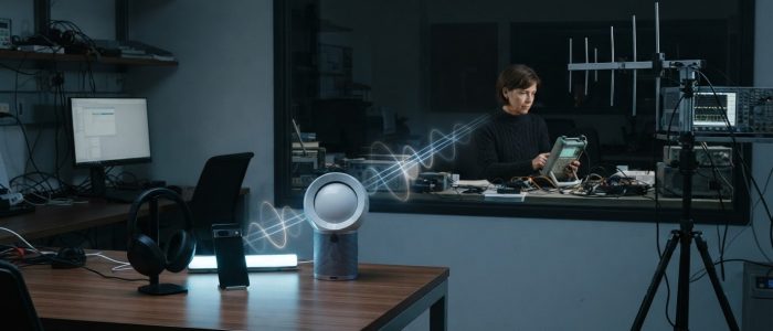 InjectEave: Elektromagnetische Wellen von Kopfhörern und smarten Geräten führen zu einer Richtantenne im Hintergrund, wo eine Person das abgegriffene Signal empfängt.