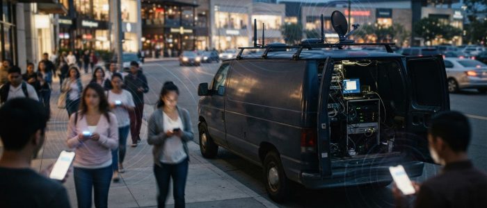 SMS-Blaster in einem Lieferwagen vor Einkaufszentrum: mobile Funktechnik sendet gefälschte SMS an Smartphones von Passanten.