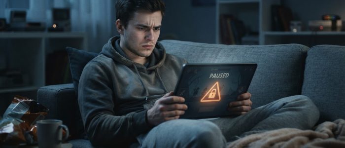 Enttäuschter Gamer vor einem blockierten Bildschirm – symbolisch für die neuen Zeitlimits bei Xbox Cloud Gaming im Game Pass.