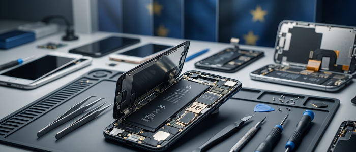 Geöffnetes Smartphone auf Werkbank mit Reparaturwerkzeug im Kontext der EU-Reparaturpflicht