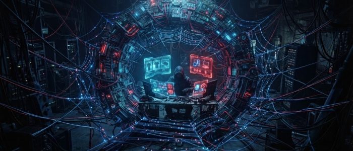 Visualisierung eines Fakeshop-Netzwerks: Ein zentrales digitales Spinnennetz aus leuchtenden Datenkabeln mit tausenden Knotenpunkten, die gefälschte Onlineshops symbolisieren. Im vergrößerten Zentrum bedient eine schemenhafte Figur holografische Bildschirme mit kopierten Produktbildern und Rabattpreisen – Sinnbild für das aufgedeckte Fakeshop-Netzwerk "DoppelCart" mit rund 119.000 Domains.