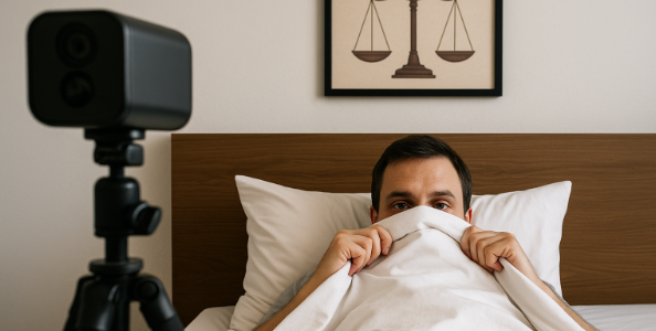 Ein Mann zieht sich schützend die Decke über das Gesicht – beobachtet von einer Kamera, unter dem Blick der Justitia.