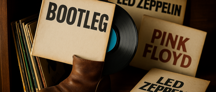 Zwischen Pink Floyd und Led Zeppelin: Das Bootleg sticht heraus – Symbol für den illegalen Vinyl-Untergrund.