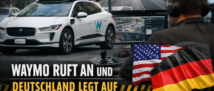 Waymo Robotaxi im Stadtverkehr, Leitstand im Hintergrund, Symbol für Fernlenken in Deutschland