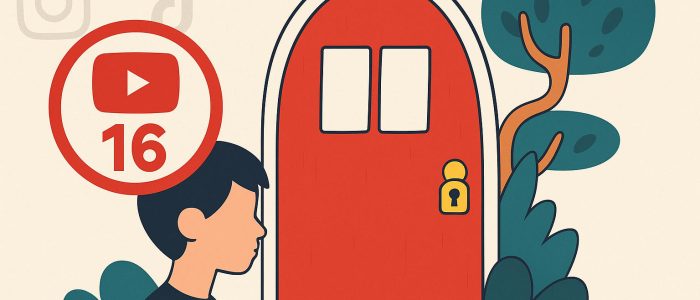 Zu sehen ist die Illustration eines Kindes, das vor einer großen roten Tür mit Schloss steht. Daneben ist ein YouTube-Symbol mit der Zahl 16 zu sehen, im Hintergrund schemenhaft die Logos von Instagram und TikTok. Die Szene symbolisiert Altersbeschränkungen bei sozialen Medien.