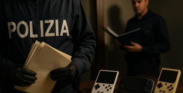 Italienische Ermittler sichern Beweismaterial: Emulator-Handhelds und Akten stehen im Zentrum der Ermittlungen gegen einen Retro-Gaming-YouTuber.