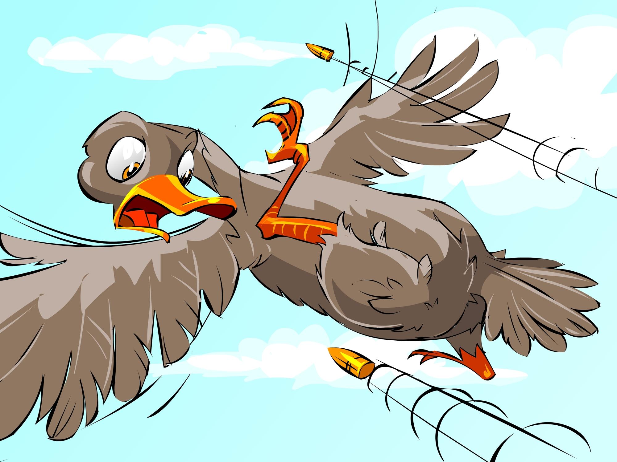Comic Zeichnung einer verängstigten Ente die vor einer Kugel flieht
