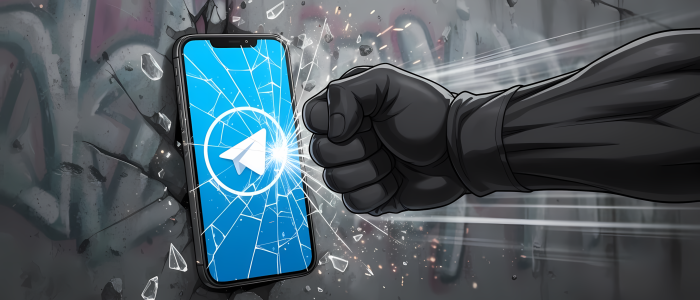 A fist crushing a phone running the Telegram App