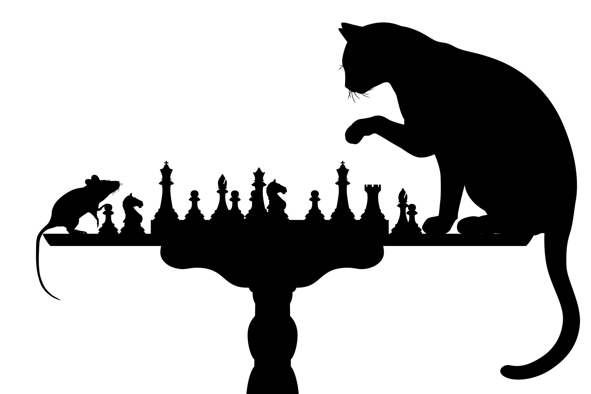 Silhouetten einer Katze und einer Maus, die Schach spielen