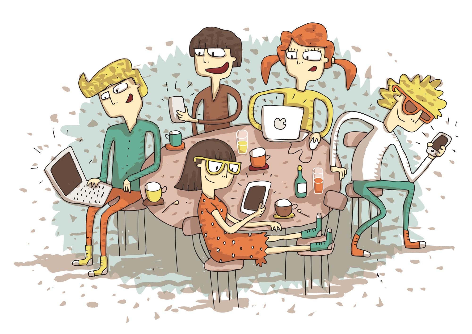 Cartoonbild einer Gruppe von Jugendlichen mit multimedia Geräten