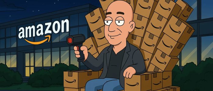 Jeff Bezos sitzt auf einem Thron bestehend aus Amazon-Kartons. Im Hintergrund ein Firmengebäude.