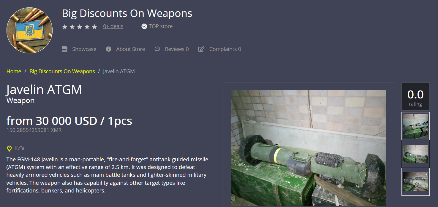 Javelin ATGM-Waffensystem steht im Darknet zum Verkauf