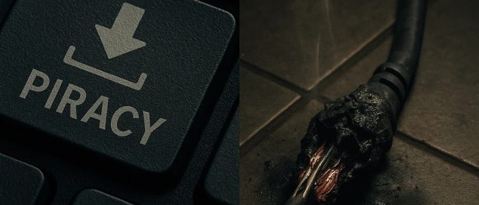 Laden, bis die Leitung glüht? Tastatur mit Piracy Button und ein halb durchgeschmortes Kabel.