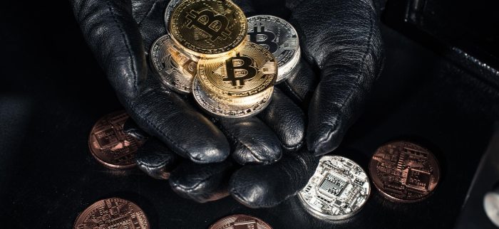 Bitcoin, Münzen, Handschuh, Dieb