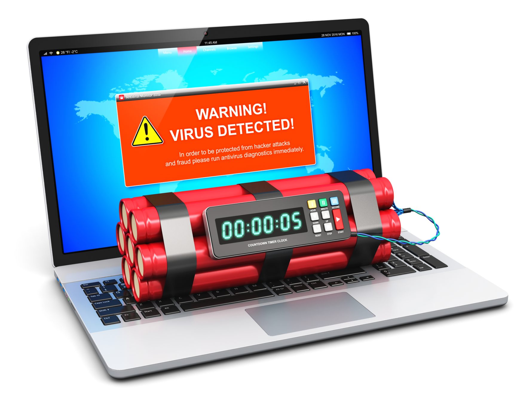 Laptop mit Virenwarnmeldung und Zeitbombe