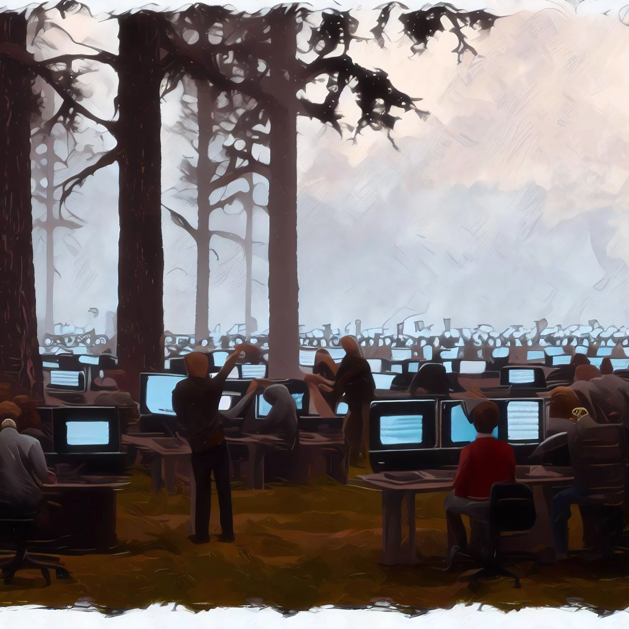 Eine Gruppe Entwickler sitzt im Wald und schreibt Open-Source Software