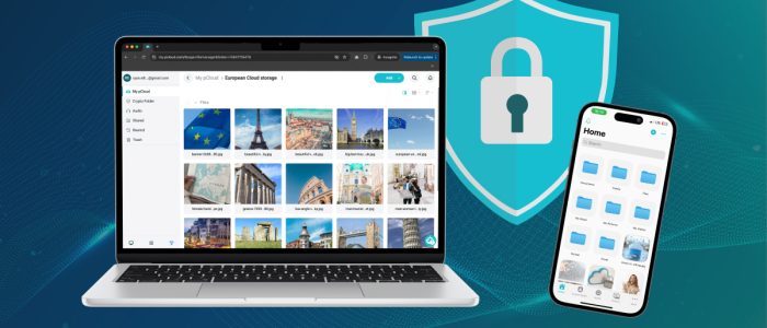 Ein Notebook, ein Handy und das pCloud-Symbol mit dem Schloss.