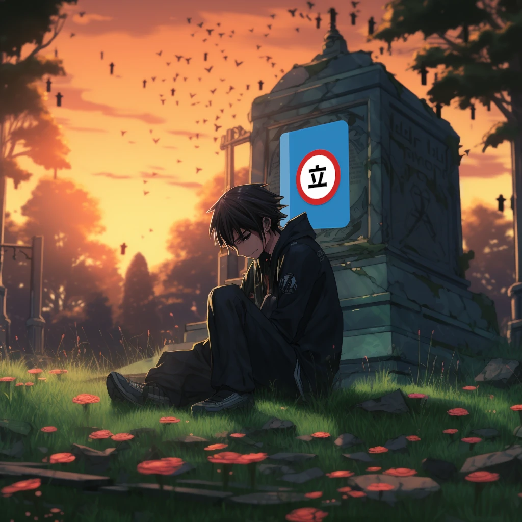 Ein Anime-Charakter sitzt traurig vor Tachiyomis Grab