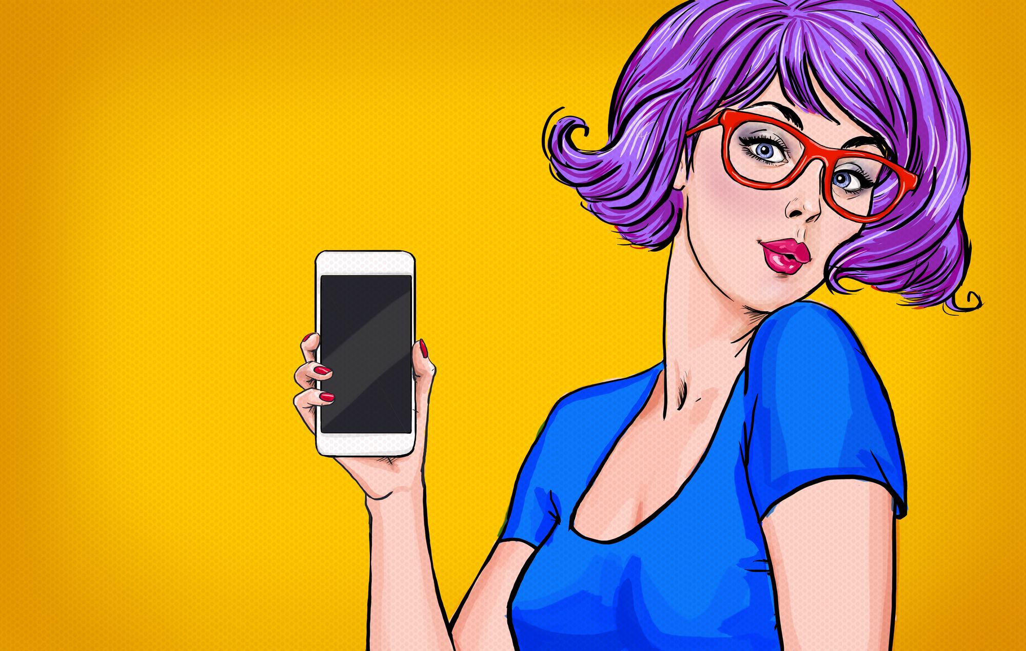 Mädchen mit Smartphone in der Hand im Comic-Stil