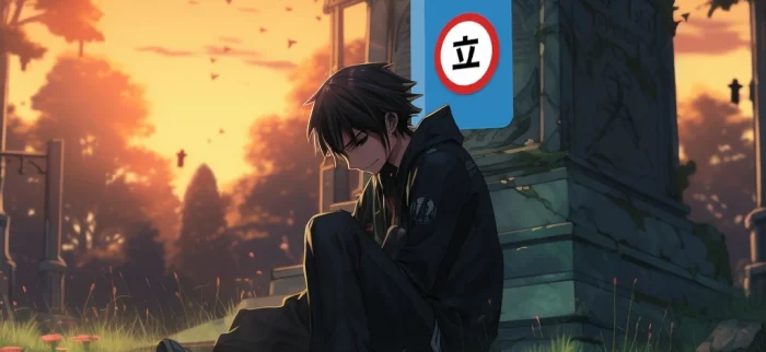 Ein Anime-Charakter sitzt traurig vor Tachiyomis Grab