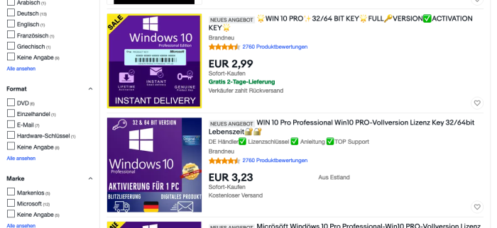 Billige Windows 10 Keys bei eBay