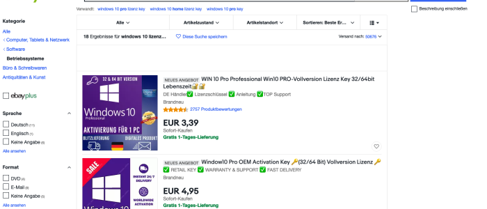 eBay Screenshot, Windows 10 Lizenzkeys