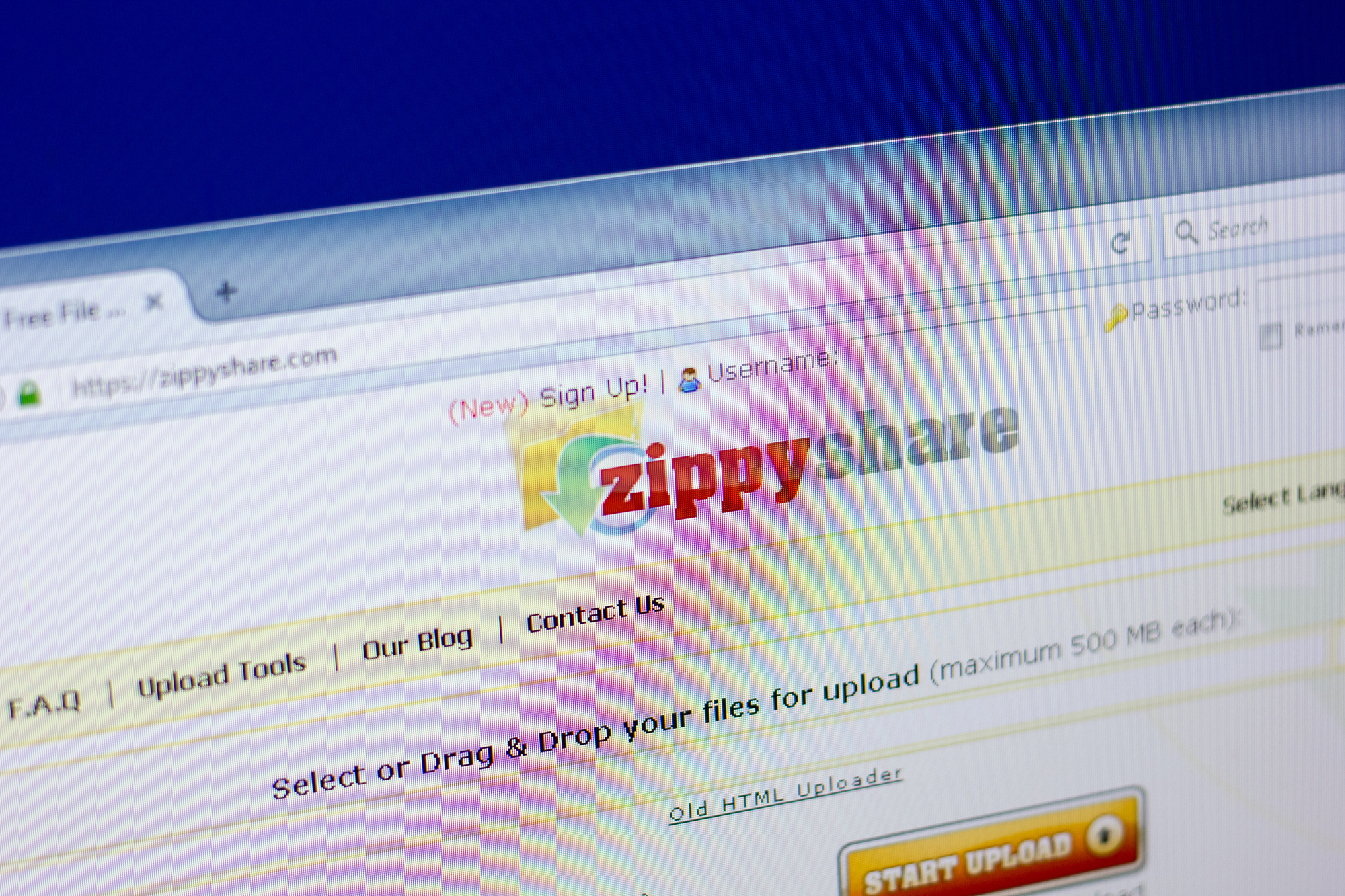 Die Homepage von Zippyshare auf einem Bildschirm